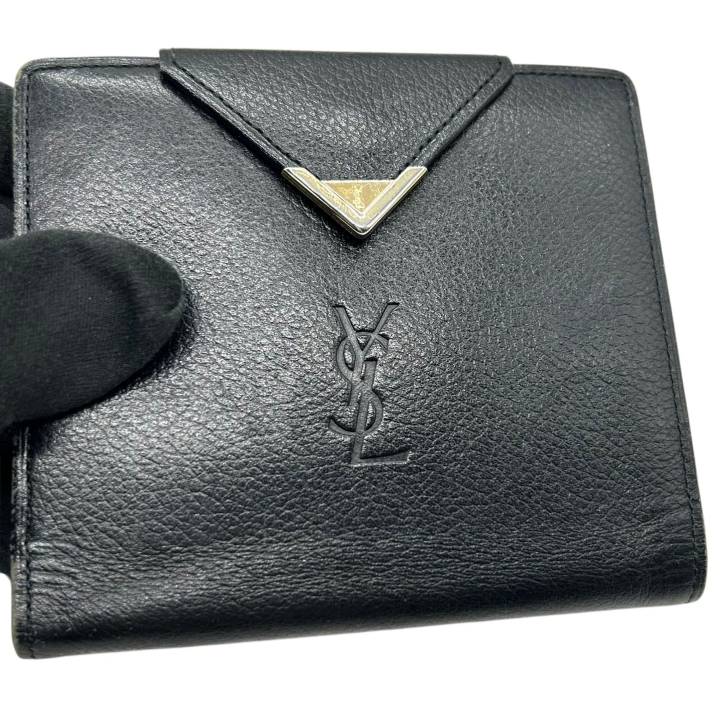 イヴ・サンローラン Yves Saint Laurent 財布 二つ折り YSLロゴ Vステッチ コンパクトウォレット 本革 レザー ブラック 黒 クラシック ヴィンテージ メンズ レディース ユニセックス クリーニング済み w5