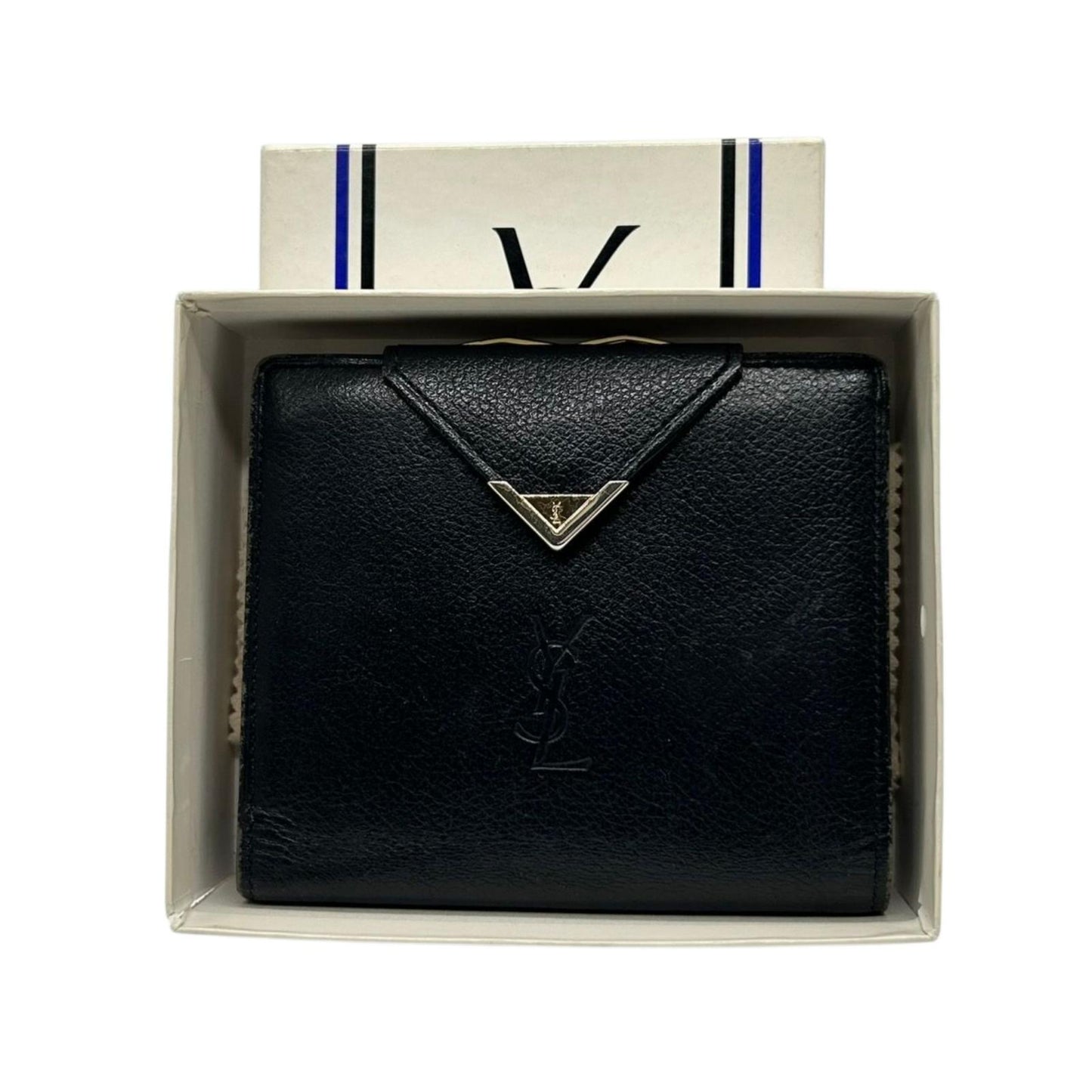 イヴ・サンローラン Yves Saint Laurent 財布 二つ折り YSLロゴ Vステッチ コンパクトウォレット 本革 レザー ブラック 黒 クラシック ヴィンテージ メンズ レディース ユニセックス クリーニング済み w5