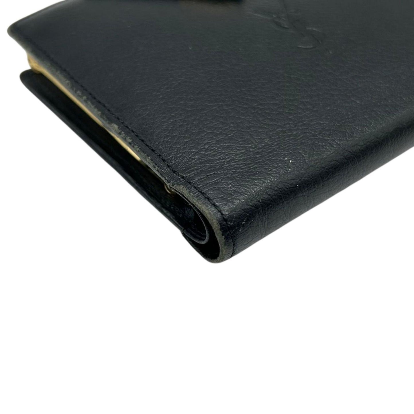 イヴ・サンローラン Yves Saint Laurent 財布 二つ折り YSLロゴ Vステッチ コンパクトウォレット 本革 レザー ブラック 黒 クラシック ヴィンテージ メンズ レディース ユニセックス クリーニング済み w5