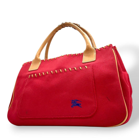 バーバリーブルーレーベル トートバッグ ハンドバッグ 舟形 A4 PC収納可 キャンバス レザー コンビ ホースロゴ 刺繍 太番手ステッチ 赤 レッド レディース 大容量 通勤 通学 カジュアル おしゃれ クリーニング済み s95