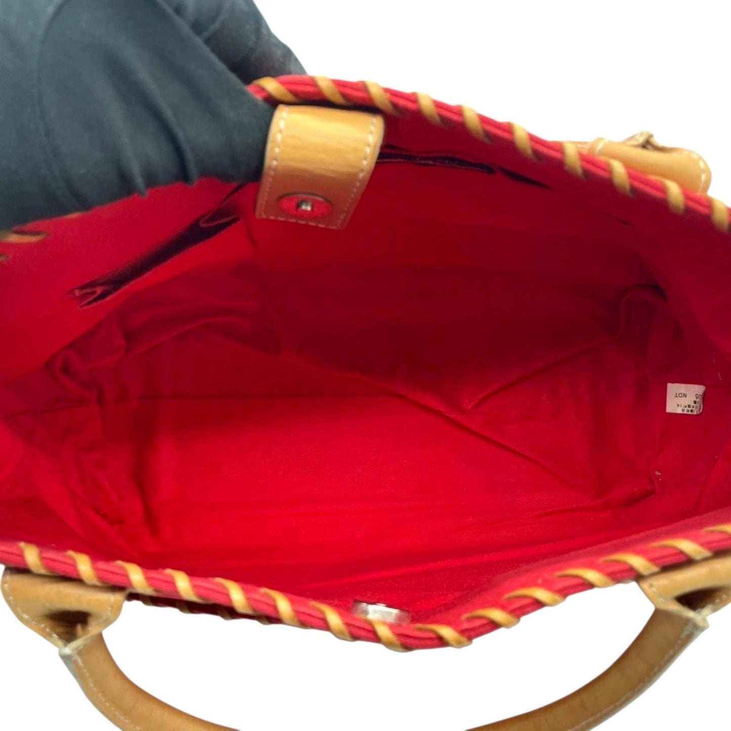 バーバリーブルーレーベル トートバッグ ハンドバッグ 舟形 A4 PC収納可 キャンバス レザー コンビ ホースロゴ 刺繍 太番手ステッチ 赤 レッド レディース 大容量 通勤 通学 カジュアル おしゃれ クリーニング済み s95