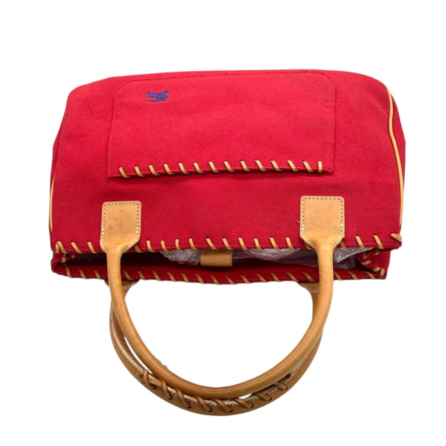 バーバリーブルーレーベル トートバッグ ハンドバッグ 舟形 A4 PC収納可 キャンバス レザー コンビ ホースロゴ 刺繍 太番手ステッチ 赤 レッド レディース 大容量 通勤 通学 カジュアル おしゃれ クリーニング済み s95