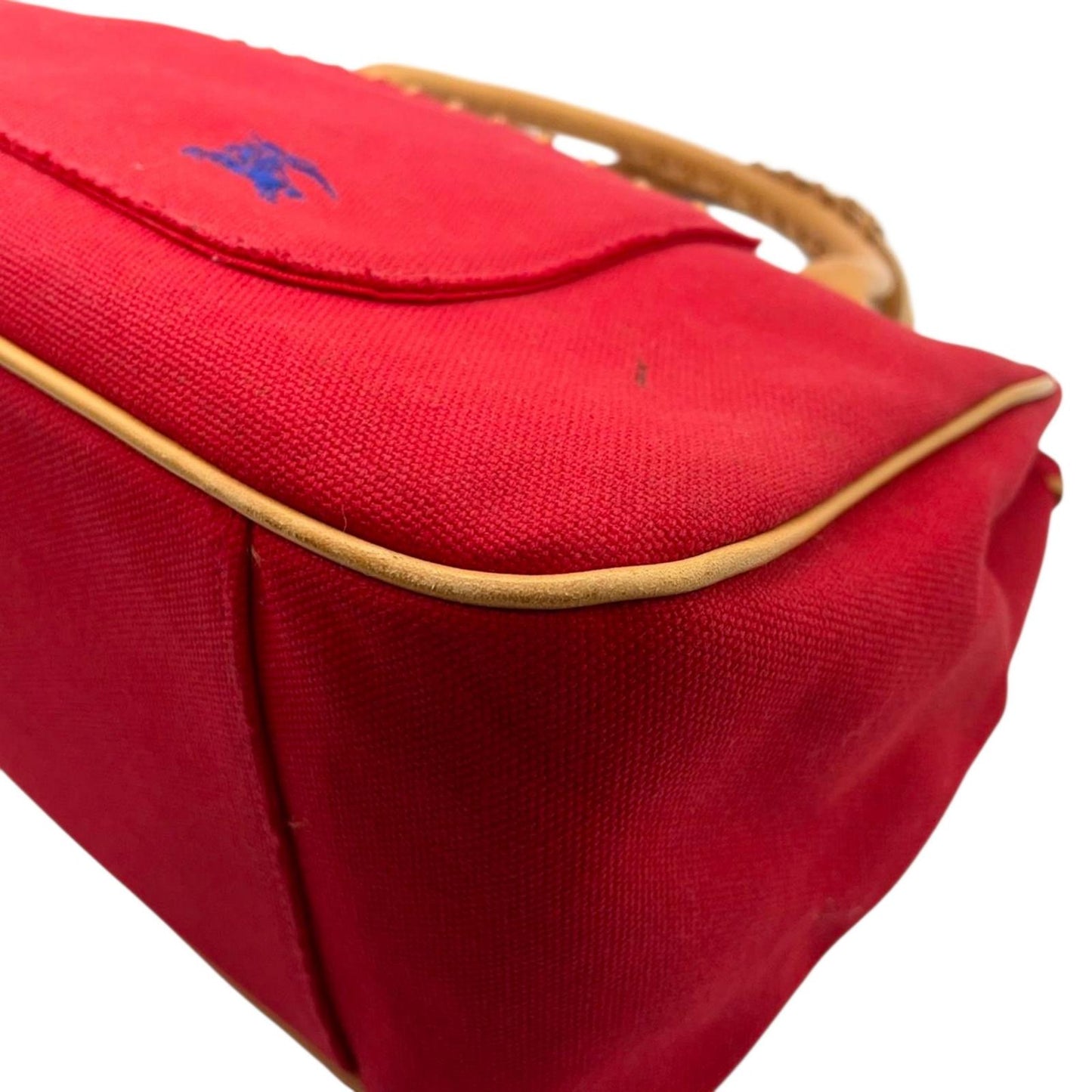 バーバリーブルーレーベル トートバッグ ハンドバッグ 舟形 A4 PC収納可 キャンバス レザー コンビ ホースロゴ 刺繍 太番手ステッチ 赤 レッド レディース 大容量 通勤 通学 カジュアル おしゃれ クリーニング済み s95