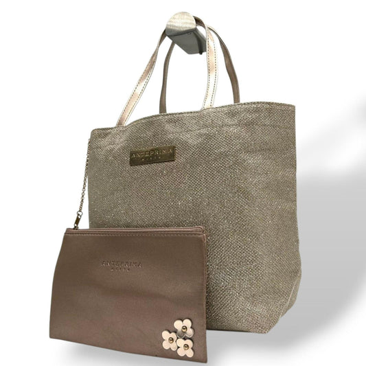 美品 アンテプリマミスト トートバッグ ハンドバッグ ラメ グリッター ロゴプレート キャンバス ゴールド シャンパンゴールド ポーチ付き レディース エレガント フェミニン お出かけ おしゃれ クリーニング済み U9