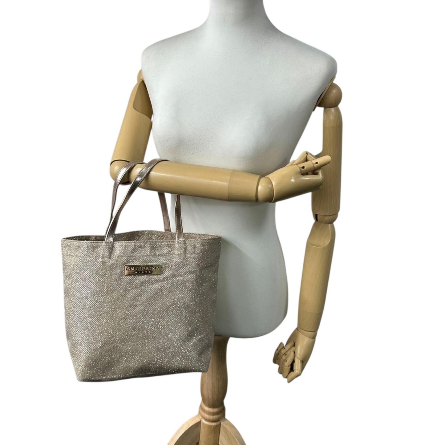 美品 アンテプリマミスト トートバッグ ハンドバッグ ラメ グリッター ロゴプレート キャンバス ゴールド シャンパンゴールド ポーチ付き レディース エレガント フェミニン お出かけ おしゃれ クリーニング済み U9