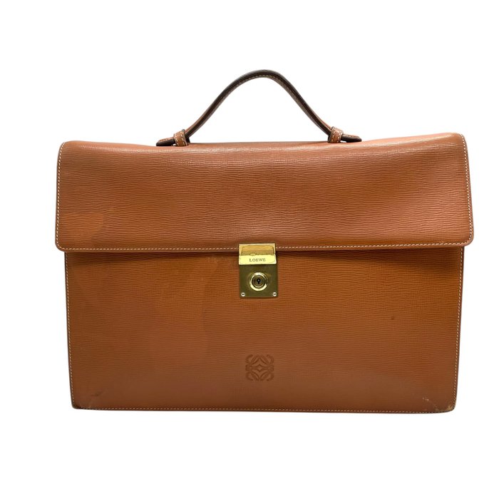 LOEWE ロエベ アナグラム エンボス レザー ビジネスバッグ ブリーフケース ブラウン ゴールド金具 ヴィンテージ k13