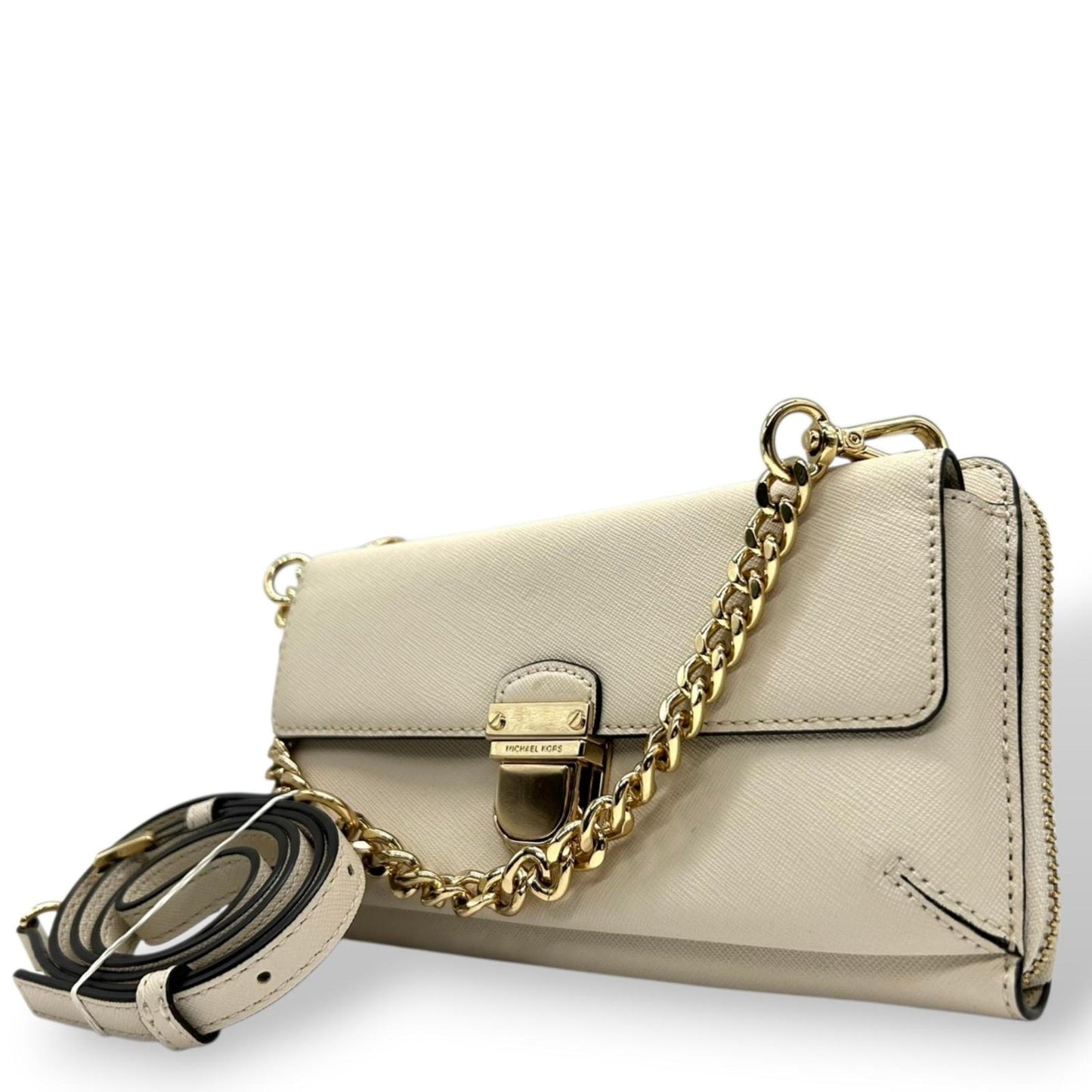 美品 マイケルコース MICHAEL KORS ウォレットバッグ チェーンウォレット お財布ショルダー 長財布 斜め掛け可 白 ホワイト アイボリー バニラ PVC ゴールド金具 クラッチ 2way 多機能 スマホ収納可 レディース お出かけ s93