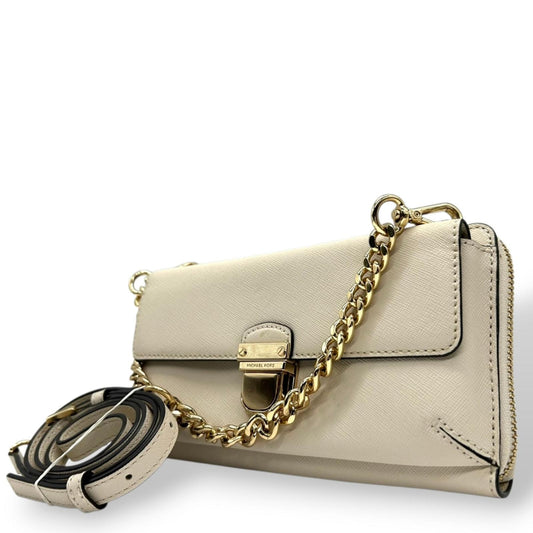 美品 マイケルコース MICHAEL KORS ウォレットバッグ チェーンウォレット お財布ショルダー 長財布 斜め掛け可 白 ホワイト アイボリー バニラ PVC ゴールド金具 クラッチ 2way 多機能 スマホ収納可 レディース お出かけ s93