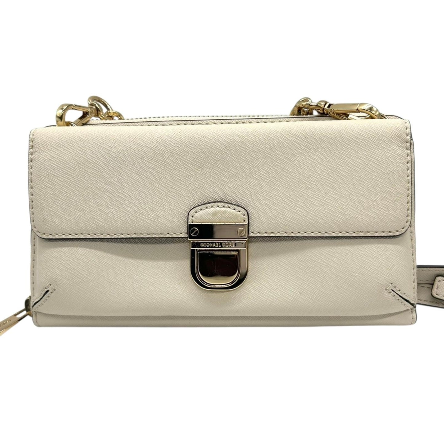 美品 マイケルコース MICHAEL KORS ウォレットバッグ チェーンウォレット お財布ショルダー 長財布 斜め掛け可 白 ホワイト アイボリー バニラ PVC ゴールド金具 クラッチ 2way 多機能 スマホ収納可 レディース お出かけ s93