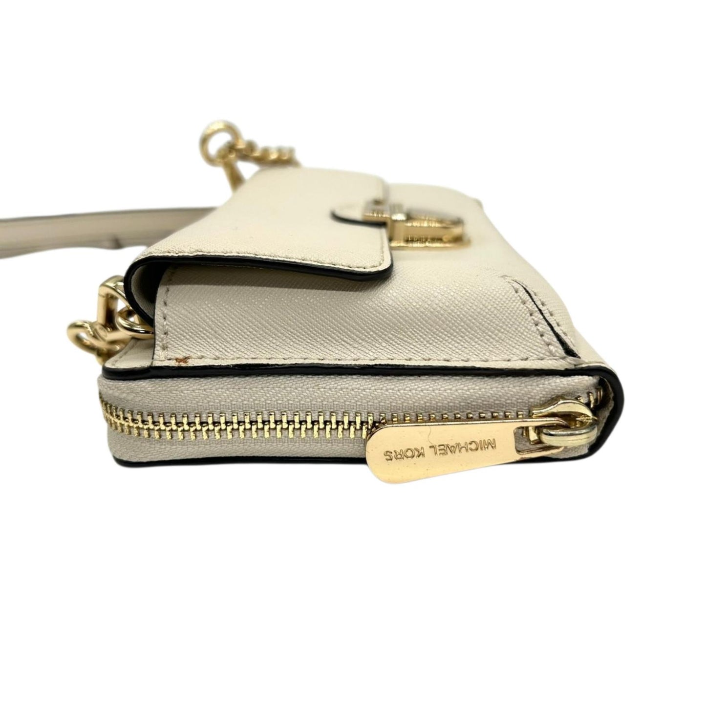 美品 マイケルコース MICHAEL KORS ウォレットバッグ チェーンウォレット お財布ショルダー 長財布 斜め掛け可 白 ホワイト アイボリー バニラ PVC ゴールド金具 クラッチ 2way 多機能 スマホ収納可 レディース お出かけ s93