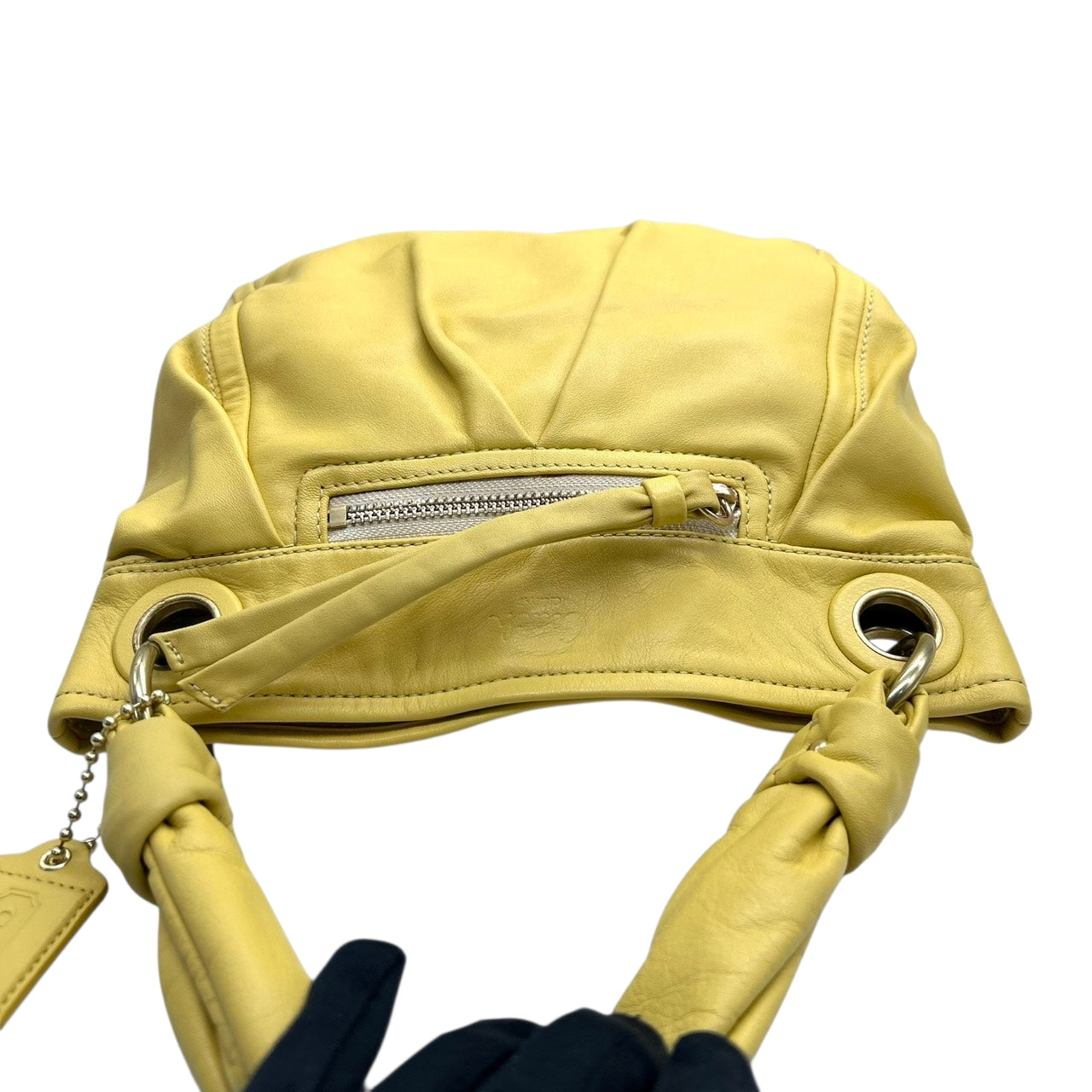 美品 コーチ COACH パーカー F13416 2WAY ショルダーバッグ ハンドバッグ 斜め掛け可 レザー 本革 イエロー 黄色 マスタード コンバーチブル ギャザー タッセル チャーム レディース 肩掛け 軽量 鞄 カバン s78