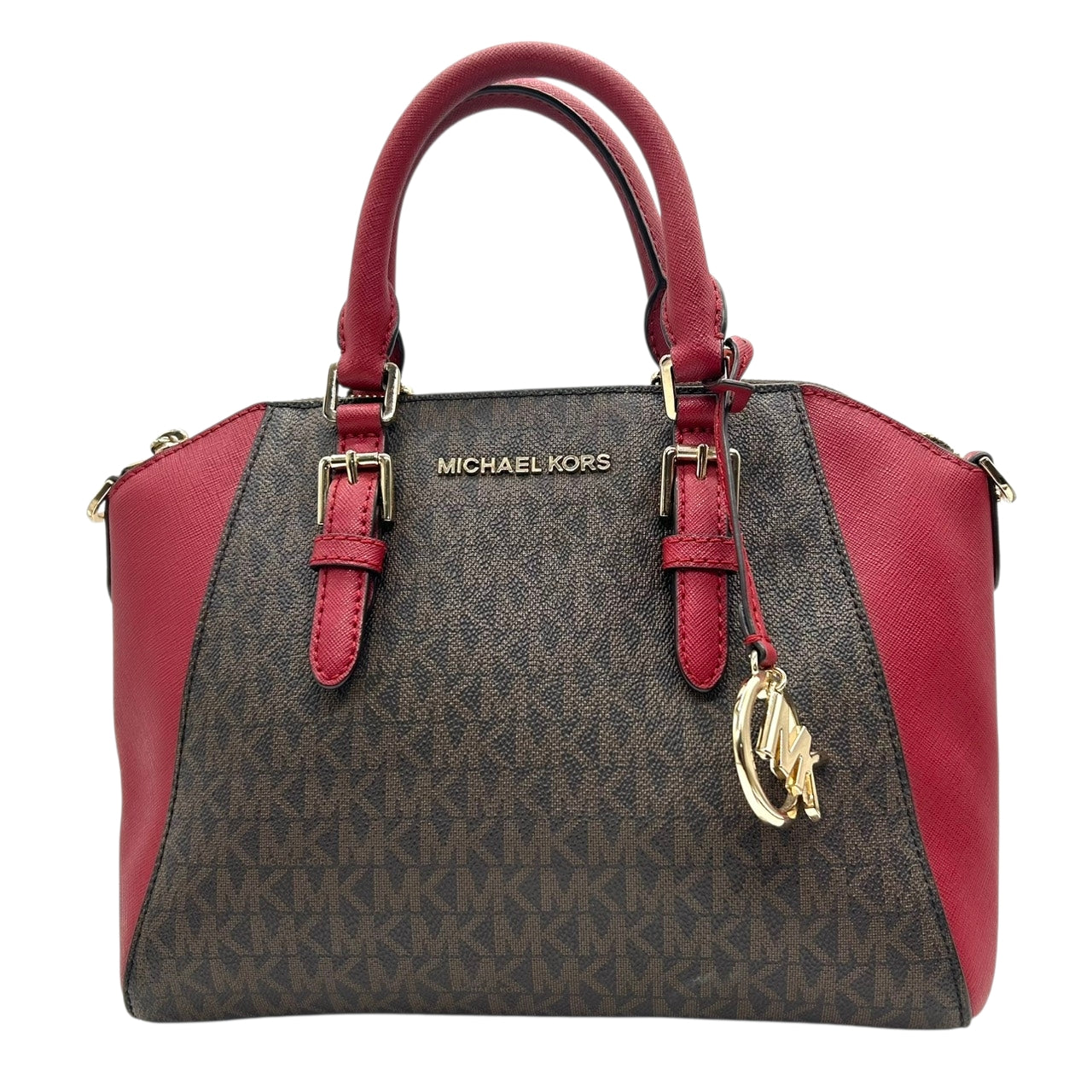 美品 マイケルコース MICHAEL KORS ハンドバッグ ショルダーバッグ 2way 斜め掛け可 シグネチャー MKロゴ バイカラー 赤 レッド 茶 ブラウン PVC レザー サッチェル ゴールド金具 チャーム 自立可 エレガント レディース s87