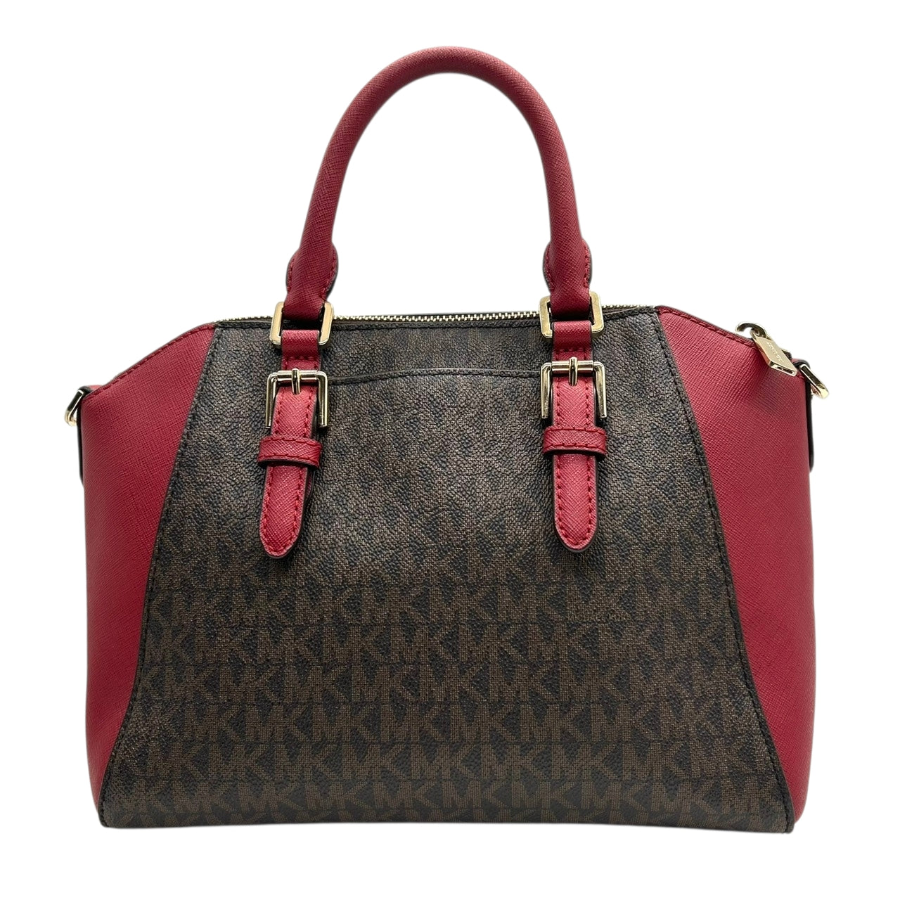 美品 マイケルコース MICHAEL KORS ハンドバッグ ショルダーバッグ 2way 斜め掛け可 シグネチャー MKロゴ バイカラー 赤 レッド 茶 ブラウン PVC レザー サッチェル ゴールド金具 チャーム 自立可 エレガント レディース s87