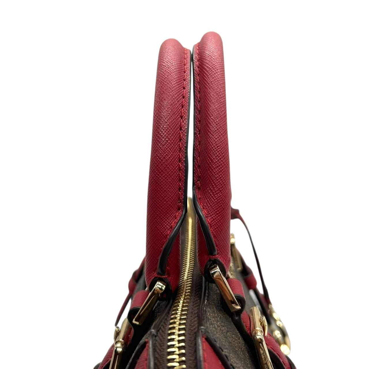 美品 マイケルコース MICHAEL KORS ハンドバッグ ショルダーバッグ 2way 斜め掛け可 シグネチャー MKロゴ バイカラー 赤 レッド 茶 ブラウン PVC レザー サッチェル ゴールド金具 チャーム 自立可 エレガント レディース s87