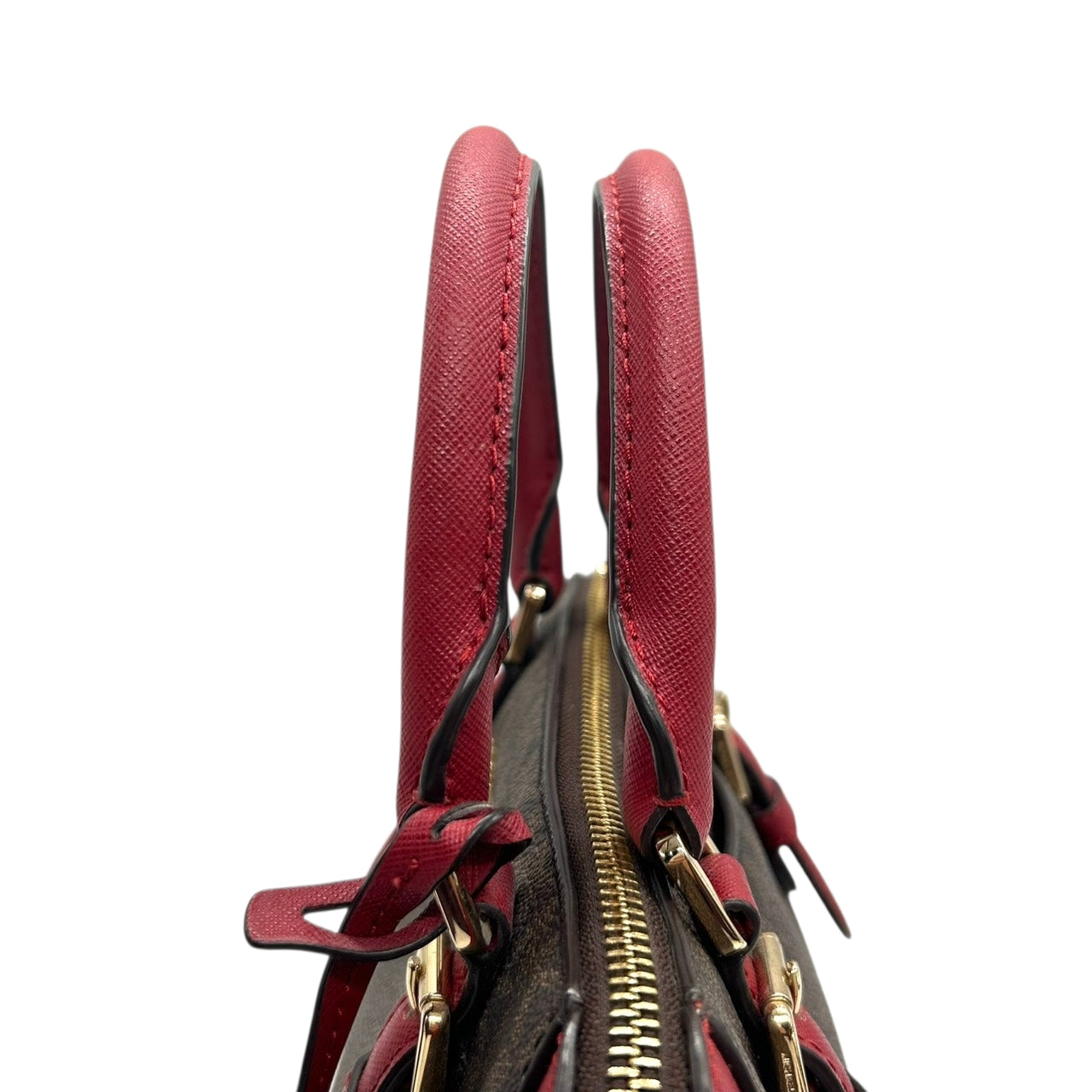 美品 マイケルコース MICHAEL KORS ハンドバッグ ショルダーバッグ 2way 斜め掛け可 シグネチャー MKロゴ バイカラー 赤 レッド 茶 ブラウン PVC レザー サッチェル ゴールド金具 チャーム 自立可 エレガント レディース s87