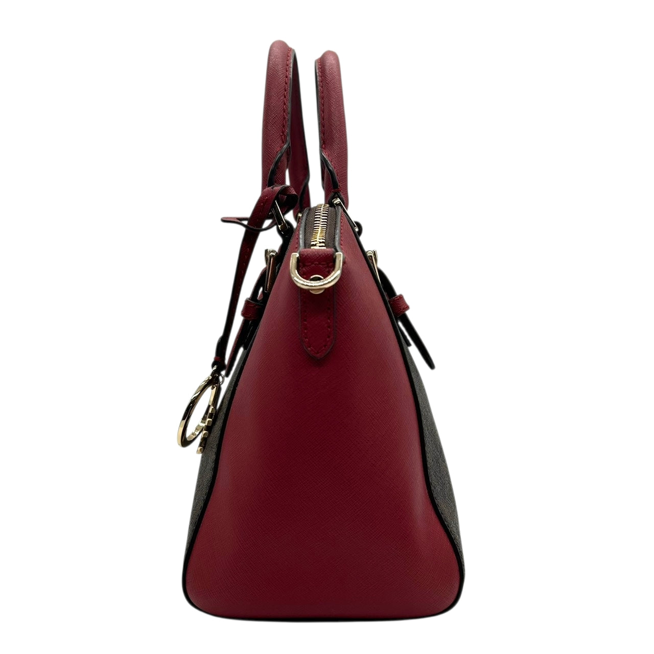 美品 マイケルコース MICHAEL KORS ハンドバッグ ショルダーバッグ 2way 斜め掛け可 シグネチャー MKロゴ バイカラー 赤 レッド 茶 ブラウン PVC レザー サッチェル ゴールド金具 チャーム 自立可 エレガント レディース s87