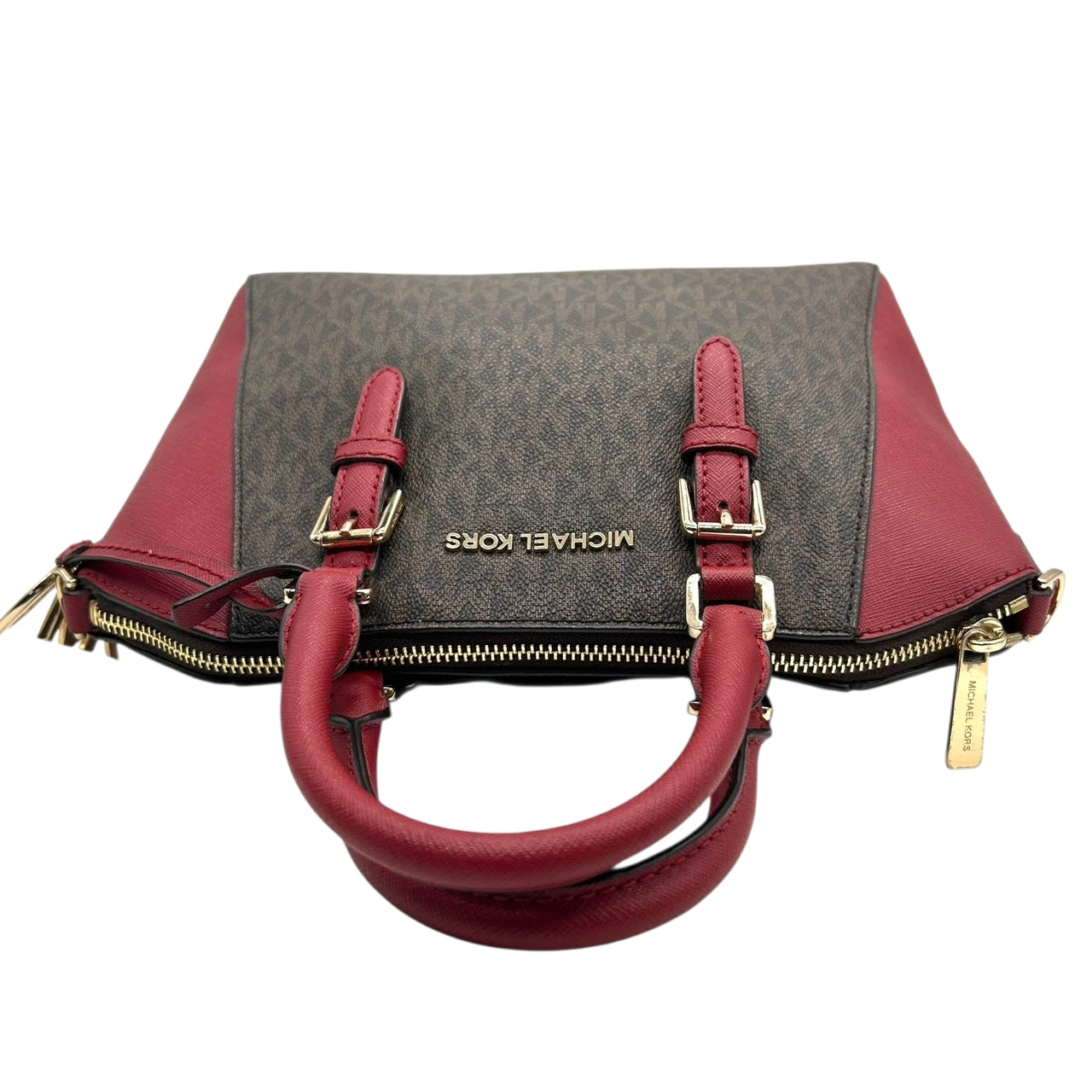 美品 マイケルコース MICHAEL KORS ハンドバッグ ショルダーバッグ 2way 斜め掛け可 シグネチャー MKロゴ バイカラー 赤 レッド 茶 ブラウン PVC レザー サッチェル ゴールド金具 チャーム 自立可 エレガント レディース s87