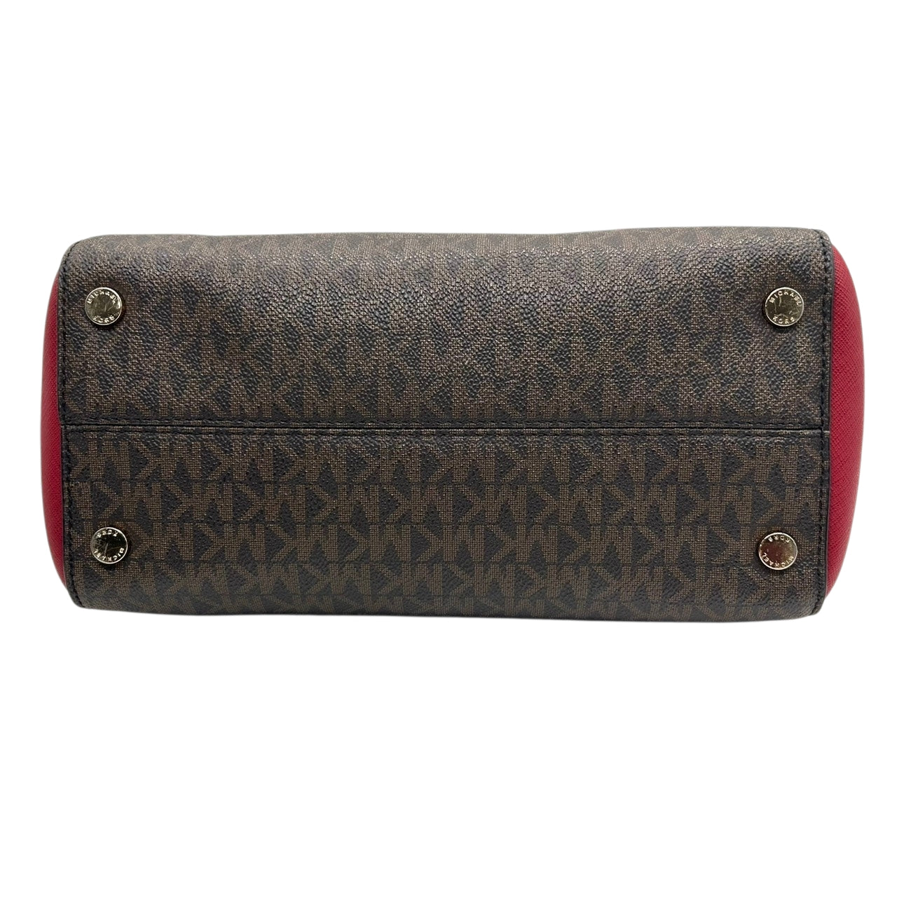 美品 マイケルコース MICHAEL KORS ハンドバッグ ショルダーバッグ 2way 斜め掛け可 シグネチャー MKロゴ バイカラー 赤 レッド 茶 ブラウン PVC レザー サッチェル ゴールド金具 チャーム 自立可 エレガント レディース s87