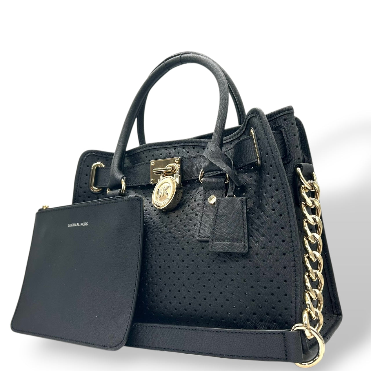 美品 マイケルコース MICHAEL KORS ハミルトン Hamilton トートバッグ ハンドバッグ チェーンショルダー パンチング 黒 ブラック ゴールド金具 パドロック ポーチ付 自立可 肩掛け ワンショルダー サッチェル レディース s93