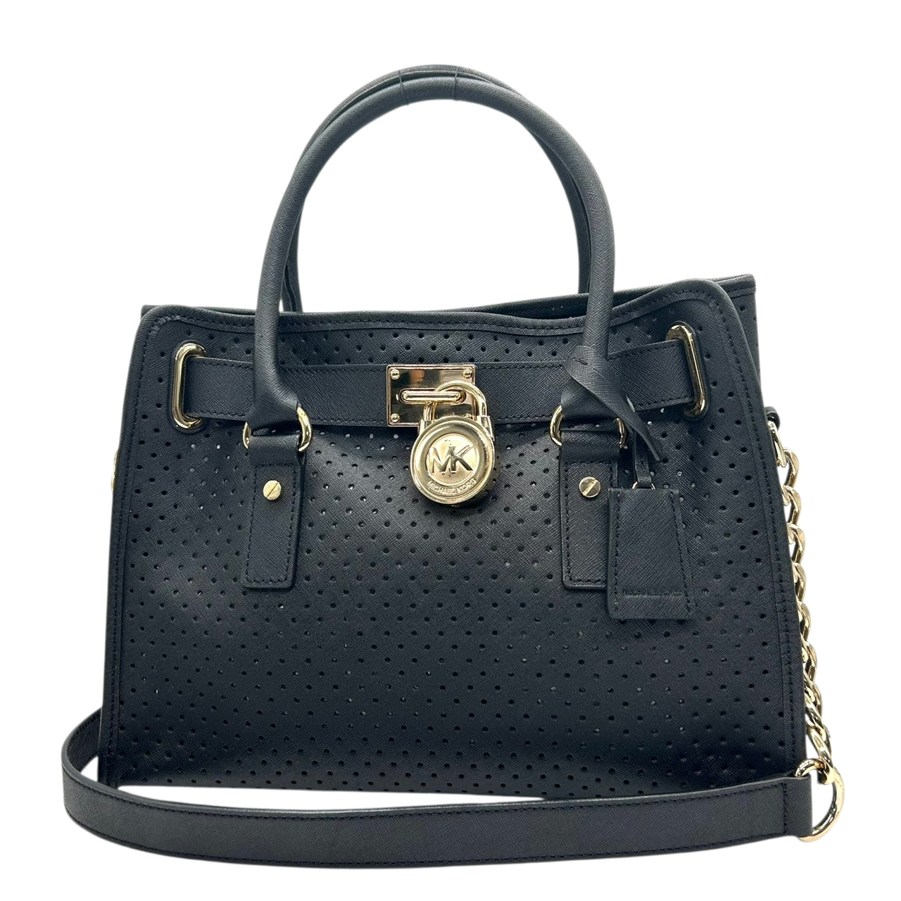 美品 マイケルコース MICHAEL KORS ハミルトン Hamilton トートバッグ ハンドバッグ チェーンショルダー パンチング 黒 ブラック ゴールド金具 パドロック ポーチ付 自立可 肩掛け ワンショルダー サッチェル レディース s93