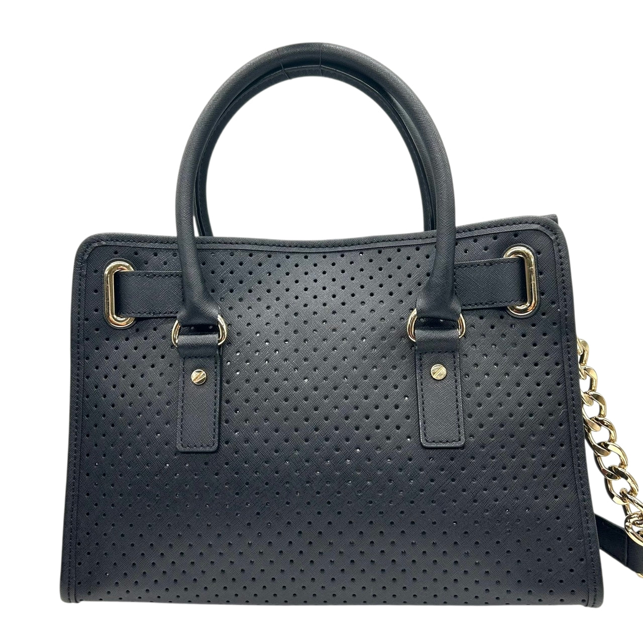 美品 マイケルコース MICHAEL KORS ハミルトン Hamilton トートバッグ ハンドバッグ チェーンショルダー パンチング 黒 ブラック ゴールド金具 パドロック ポーチ付 自立可 肩掛け ワンショルダー サッチェル レディース s93