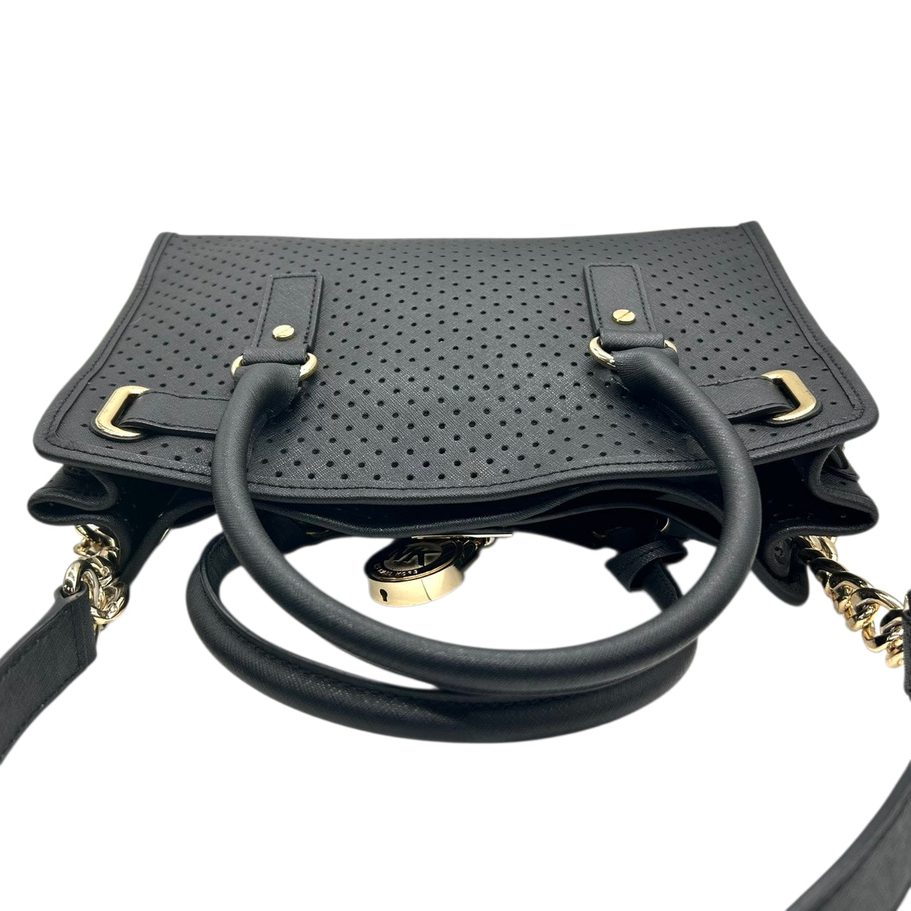 美品 マイケルコース MICHAEL KORS ハミルトン Hamilton トートバッグ ハンドバッグ チェーンショルダー パンチング 黒 ブラック ゴールド金具 パドロック ポーチ付 自立可 肩掛け ワンショルダー サッチェル レディース s93