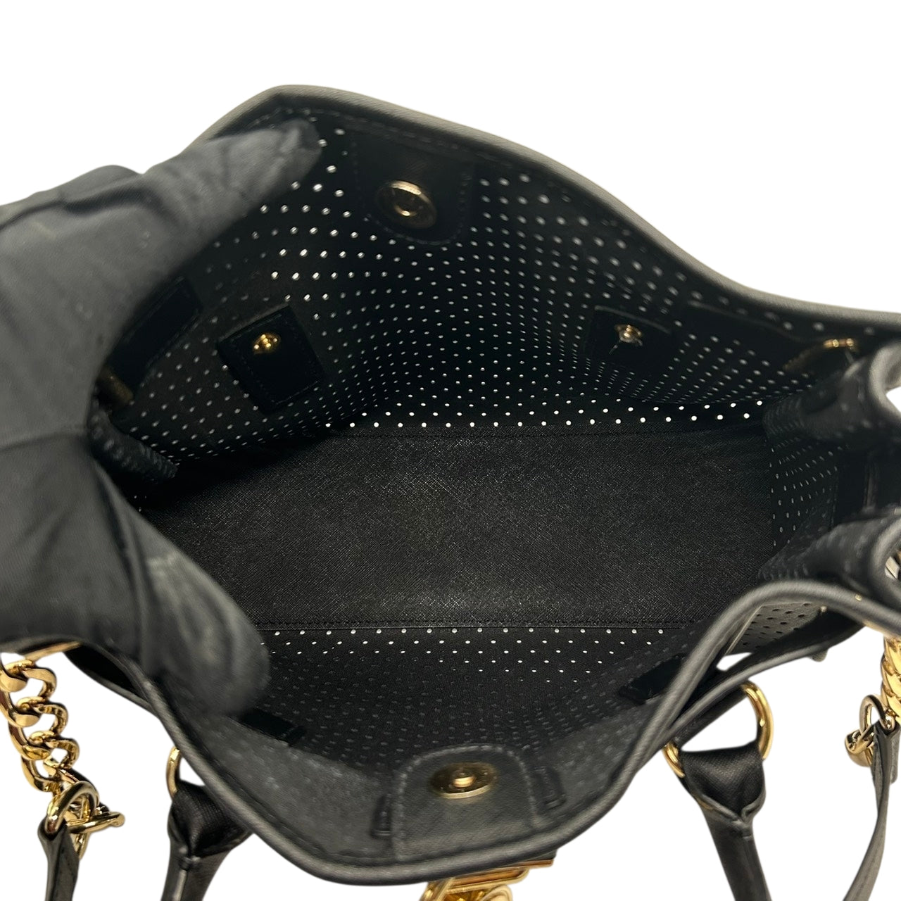 美品 マイケルコース MICHAEL KORS ハミルトン Hamilton トートバッグ ハンドバッグ チェーンショルダー パンチング 黒 ブラック ゴールド金具 パドロック ポーチ付 自立可 肩掛け ワンショルダー サッチェル レディース s93