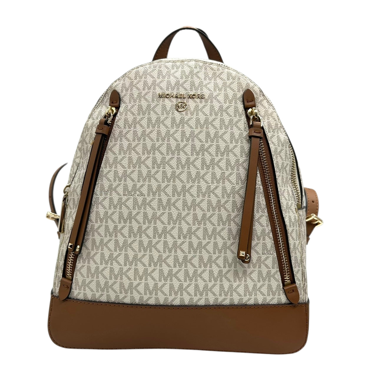 【美品】 マイケルコース MICHAEL KORS リュックサック バックパック シグネチャー MKロゴ 総柄 PVC レザー ブラウン ホワイト ゴールド金具 レディース エレガント カジュアル 通勤 通学 自立可 s94