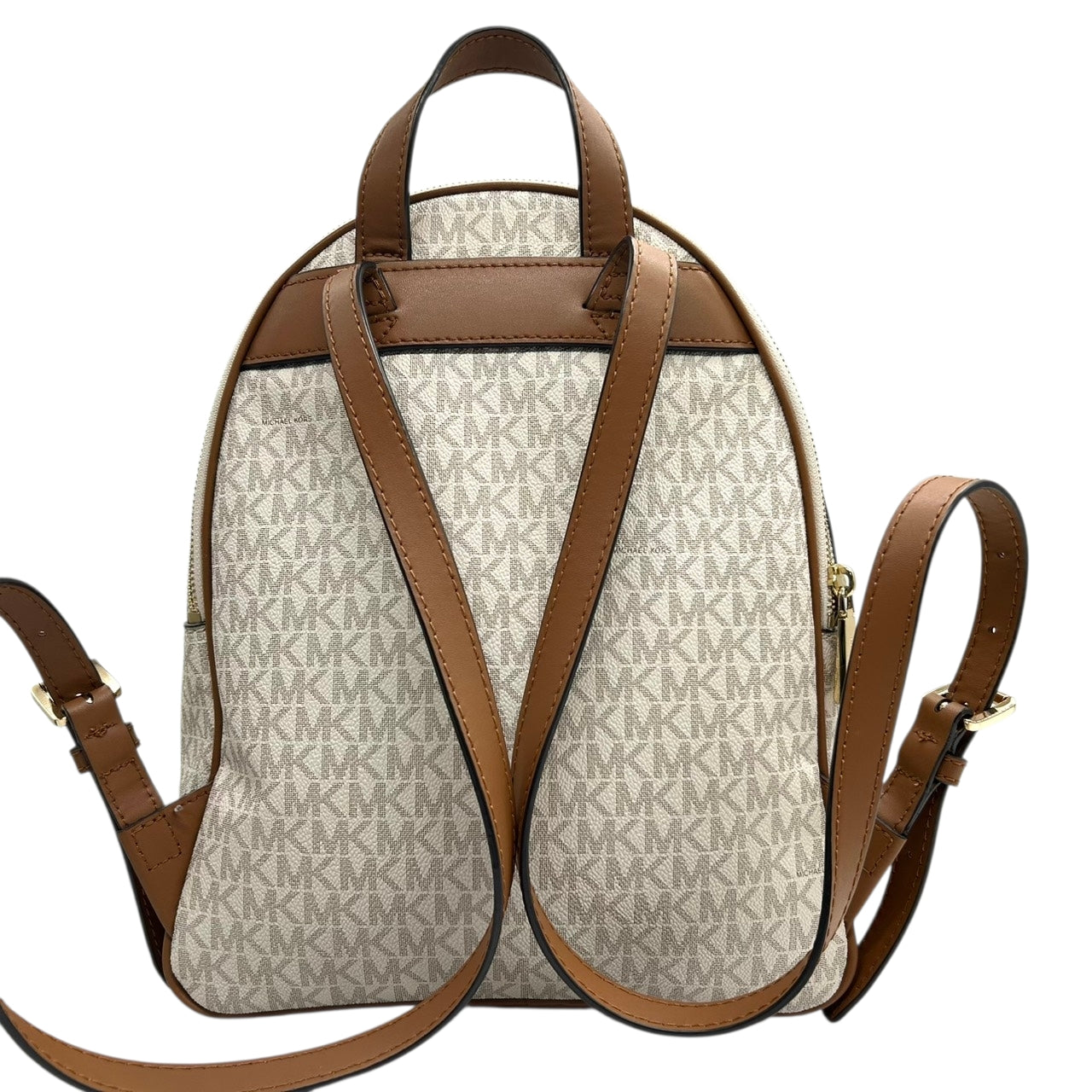 【美品】 マイケルコース MICHAEL KORS リュックサック バックパック シグネチャー MKロゴ 総柄 PVC レザー ブラウン ホワイト ゴールド金具 レディース エレガント カジュアル 通勤 通学 自立可 s94