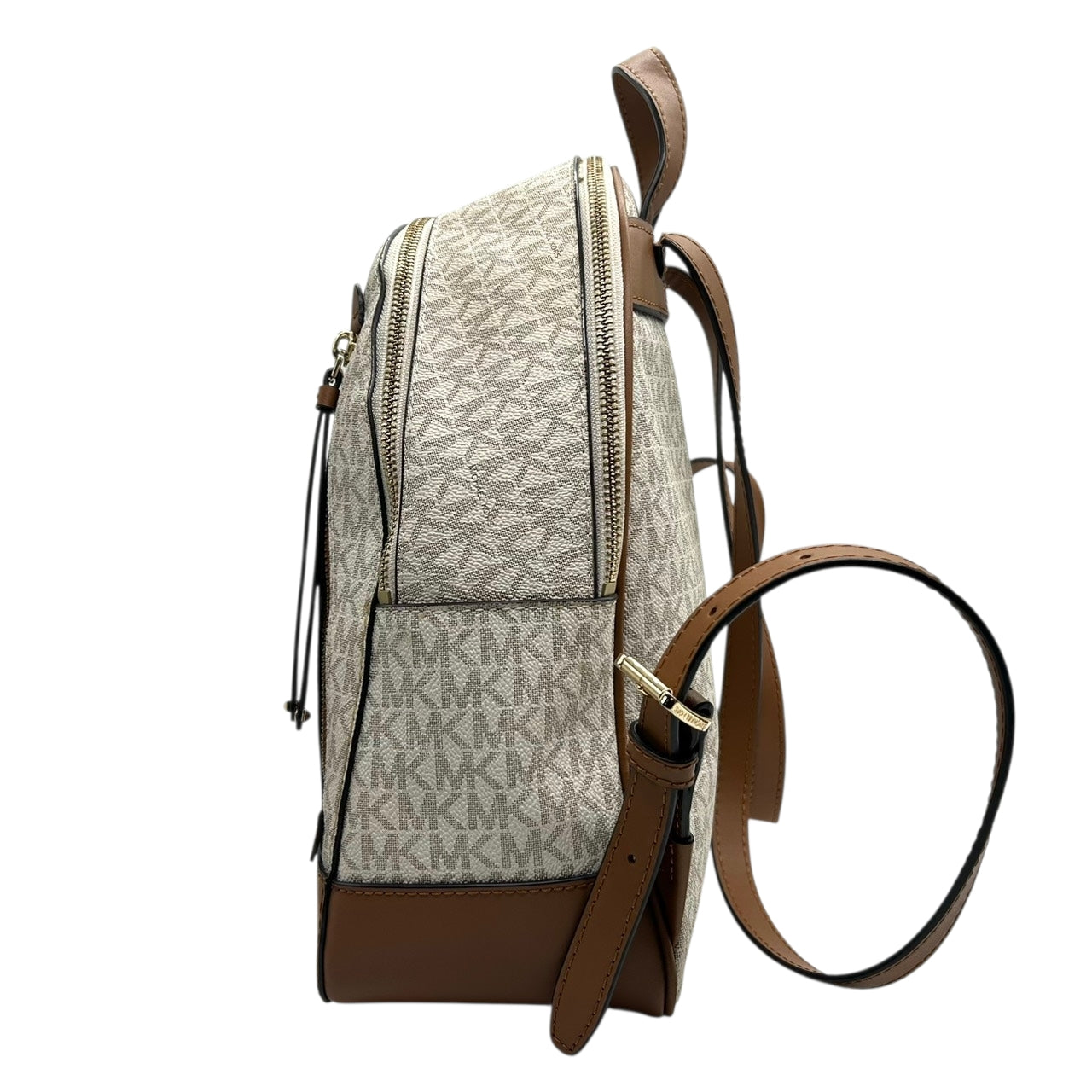 【美品】 マイケルコース MICHAEL KORS リュックサック バックパック シグネチャー MKロゴ 総柄 PVC レザー ブラウン ホワイト ゴールド金具 レディース エレガント カジュアル 通勤 通学 自立可 s94