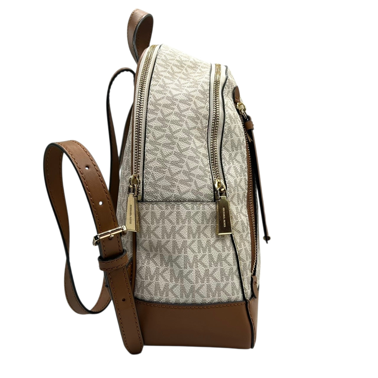 【美品】 マイケルコース MICHAEL KORS リュックサック バックパック シグネチャー MKロゴ 総柄 PVC レザー ブラウン ホワイト ゴールド金具 レディース エレガント カジュアル 通勤 通学 自立可 s94