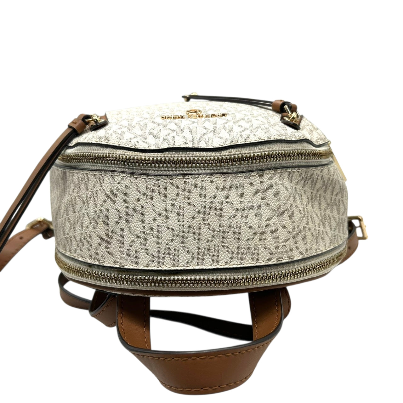 【美品】 マイケルコース MICHAEL KORS リュックサック バックパック シグネチャー MKロゴ 総柄 PVC レザー ブラウン ホワイト ゴールド金具 レディース エレガント カジュアル 通勤 通学 自立可 s94