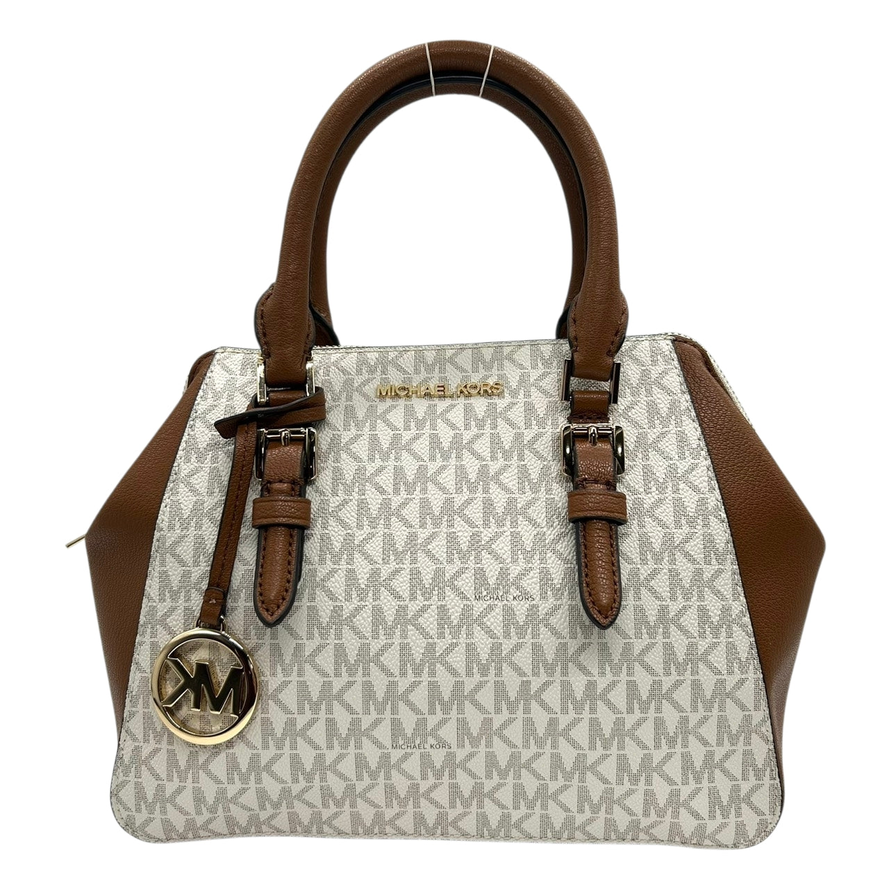 【美品】 マイケルコース MICHAEL KORS 2WAY ハンドバッグ ショルダーバッグ 斜め掛け可 自立可 PVC レザー シグネチャー モノグラム MKロゴ チャーム付 レディース ブラウン ホワイト エレガント s94