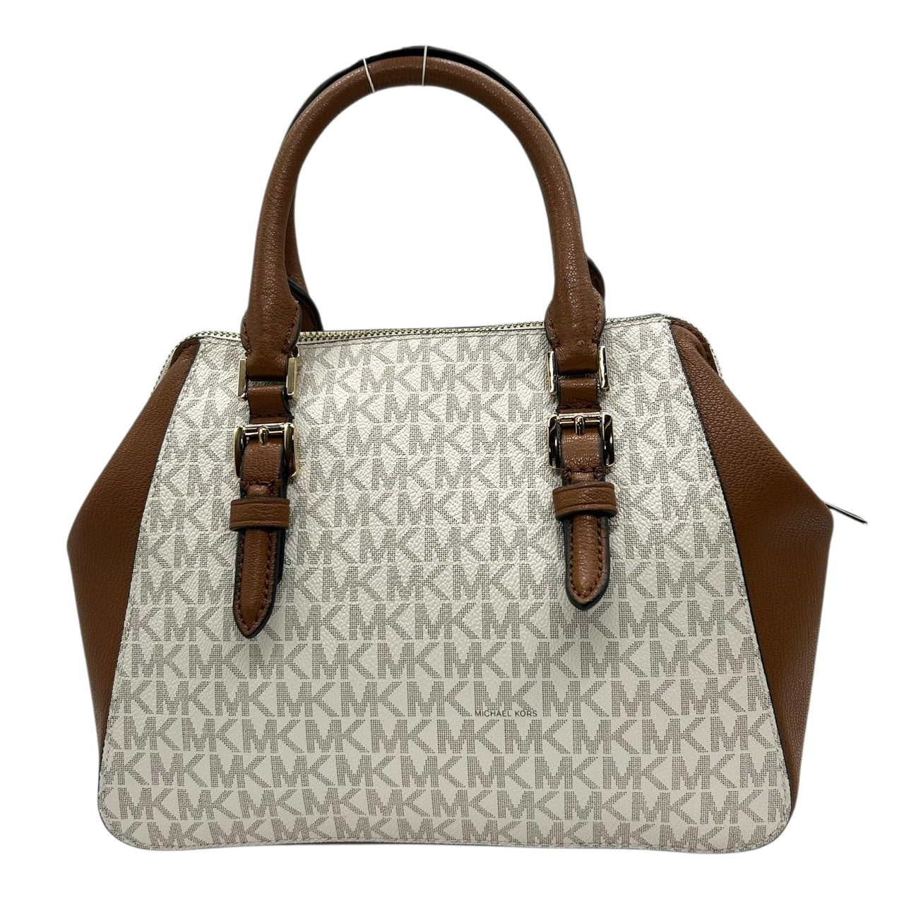 【美品】 マイケルコース MICHAEL KORS 2WAY ハンドバッグ ショルダーバッグ 斜め掛け可 自立可 PVC レザー シグネチャー モノグラム MKロゴ チャーム付 レディース ブラウン ホワイト エレガント s94