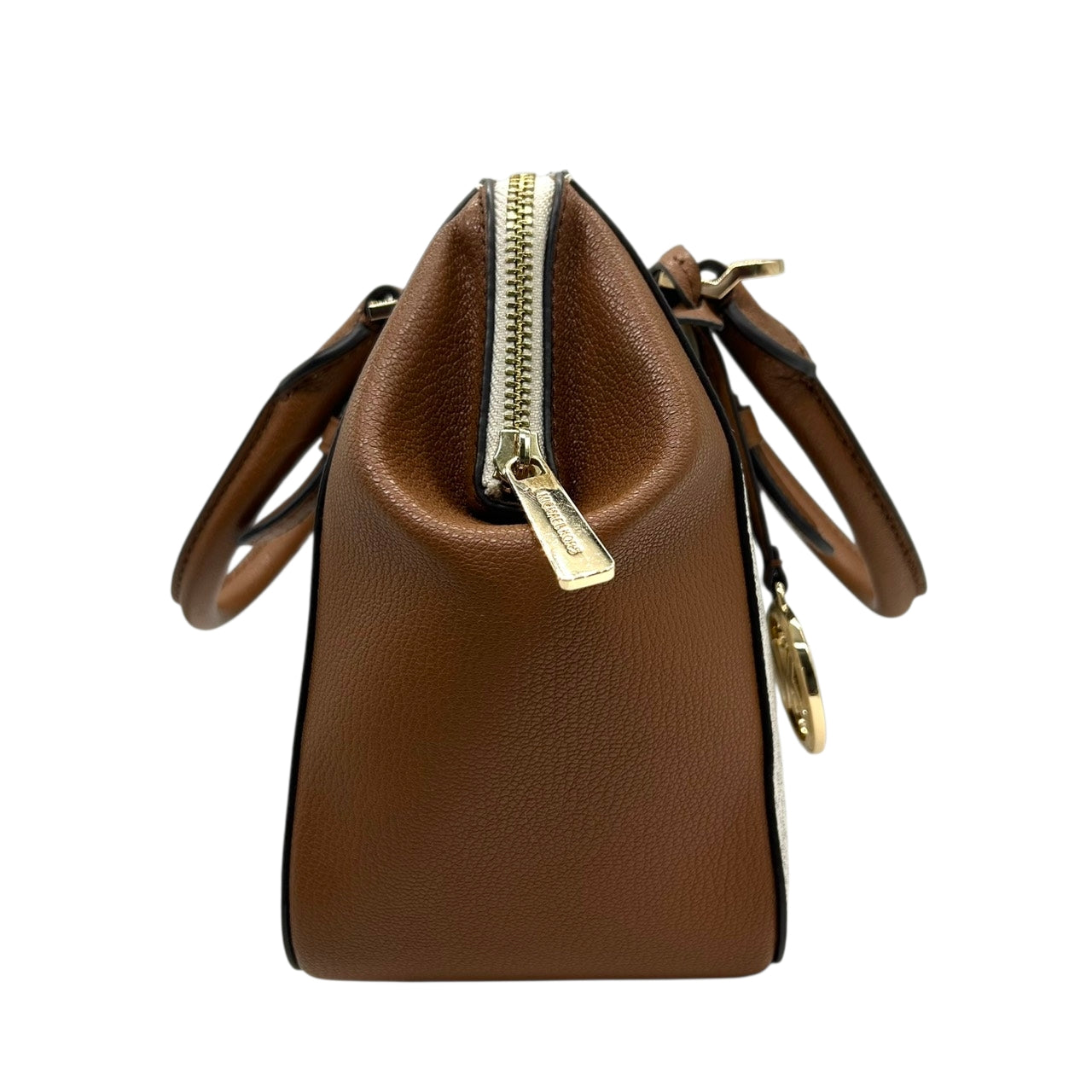 【美品】 マイケルコース MICHAEL KORS 2WAY ハンドバッグ ショルダーバッグ 斜め掛け可 自立可 PVC レザー シグネチャー モノグラム MKロゴ チャーム付 レディース ブラウン ホワイト エレガント s94