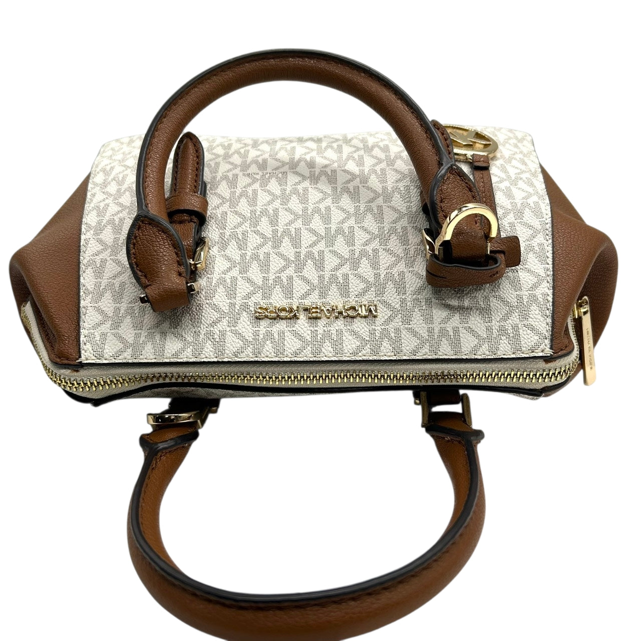 【美品】 マイケルコース MICHAEL KORS 2WAY ハンドバッグ ショルダーバッグ 斜め掛け可 自立可 PVC レザー シグネチャー モノグラム MKロゴ チャーム付 レディース ブラウン ホワイト エレガント s94