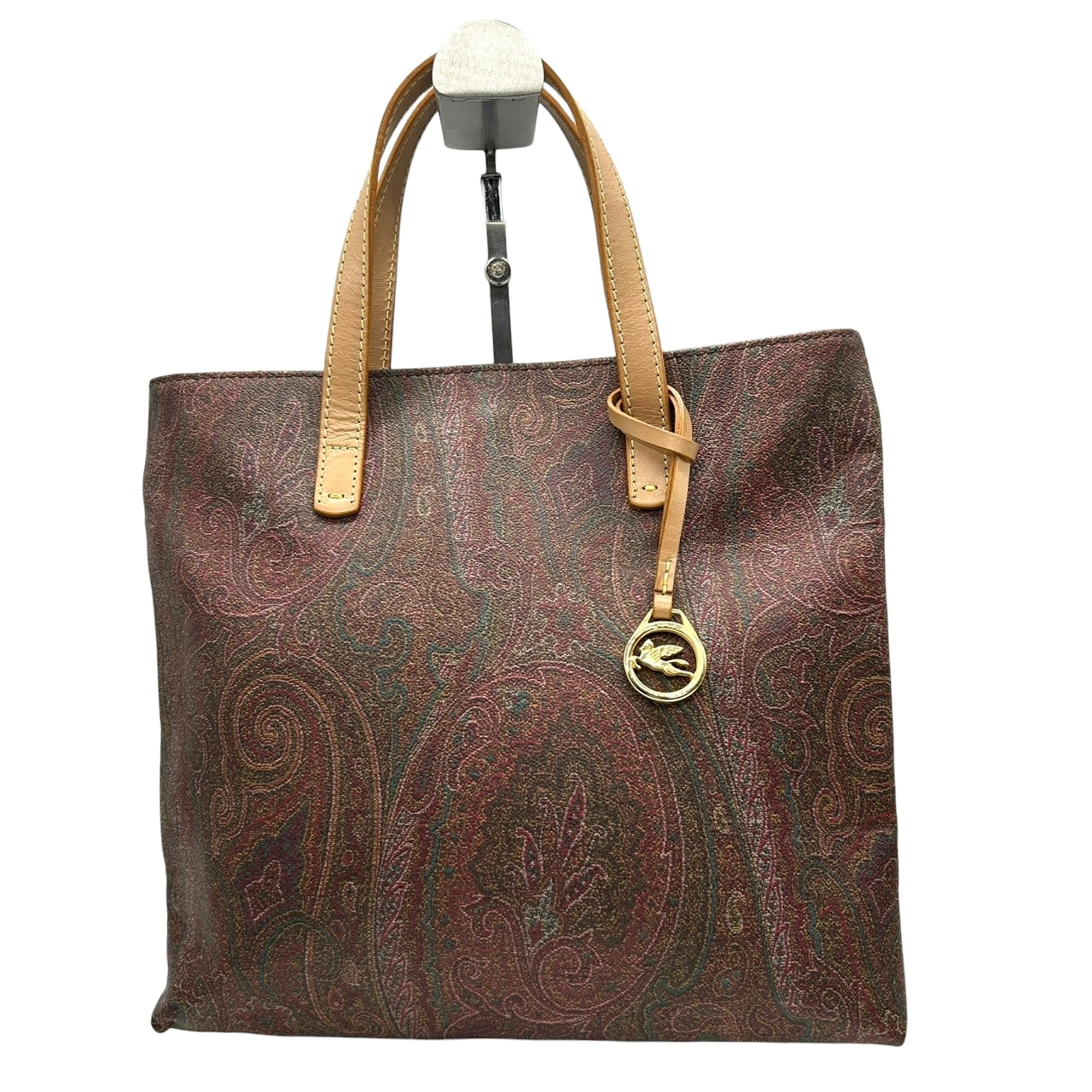 【美品】エトロ ETRO トートバッグ ハンドバッグ ペイズリー 総柄 PVC レザー 本革 ブラウン マルチカラー ゴールド金具 ペガサスチャーム ロゴ イタリア製 レディース 女性用 ビンテージ クラシック エレガント 上品 軽量 マチあり s94