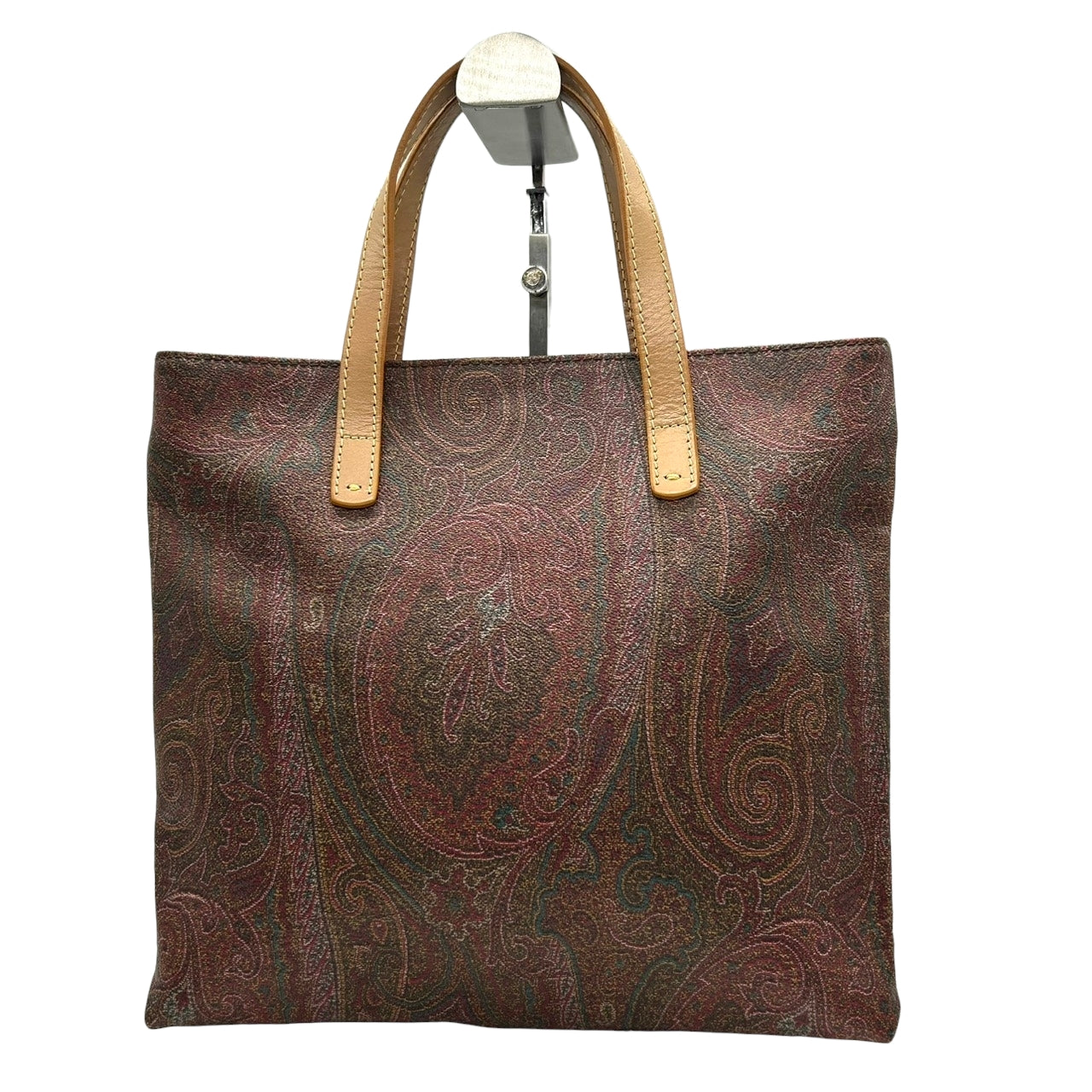 【美品】エトロ ETRO トートバッグ ハンドバッグ ペイズリー 総柄 PVC レザー 本革 ブラウン マルチカラー ゴールド金具 ペガサスチャーム ロゴ イタリア製 レディース 女性用 ビンテージ クラシック エレガント 上品 軽量 マチあり s94