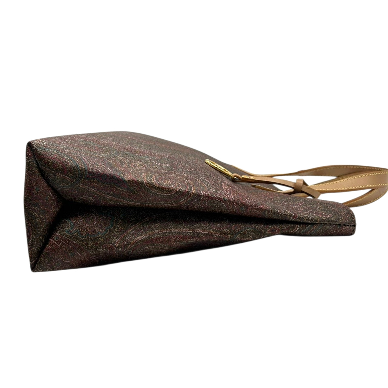 【美品】エトロ ETRO トートバッグ ハンドバッグ ペイズリー 総柄 PVC レザー 本革 ブラウン マルチカラー ゴールド金具 ペガサスチャーム ロゴ イタリア製 レディース 女性用 ビンテージ クラシック エレガント 上品 軽量 マチあり s94