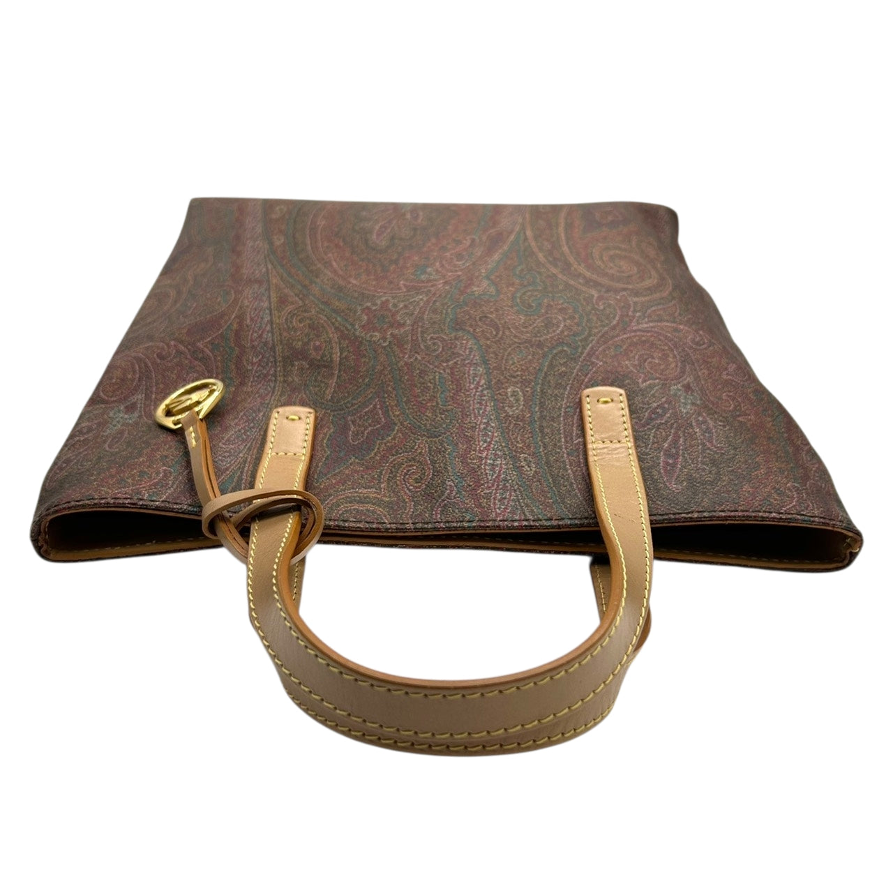 【美品】エトロ ETRO トートバッグ ハンドバッグ ペイズリー 総柄 PVC レザー 本革 ブラウン マルチカラー ゴールド金具 ペガサスチャーム ロゴ イタリア製 レディース 女性用 ビンテージ クラシック エレガント 上品 軽量 マチあり s94