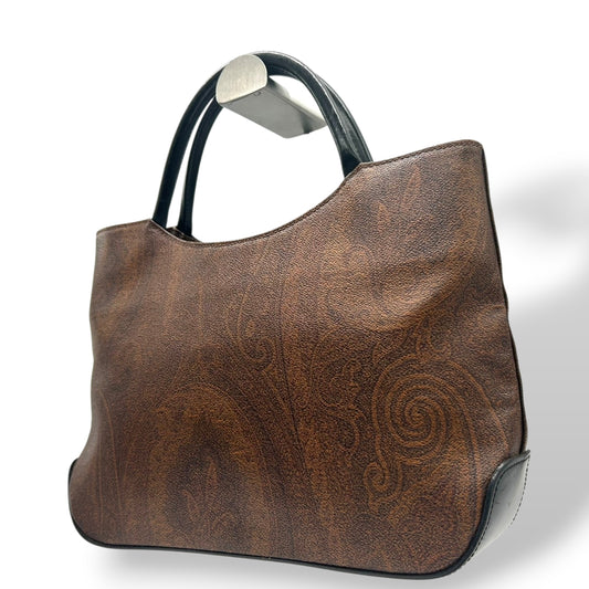 【美品】エトロ ETRO ハンドバッグ トートバッグ ミニトート ペイズリー 総柄 PVC レザー 本革 ブラウン 茶色 ブラック 黒 イタリア製 レディース 女性用 ビンテージ クラシック エレガント 上品 自立可 軽量 マチあり 手提げ 鞄 カバン s94