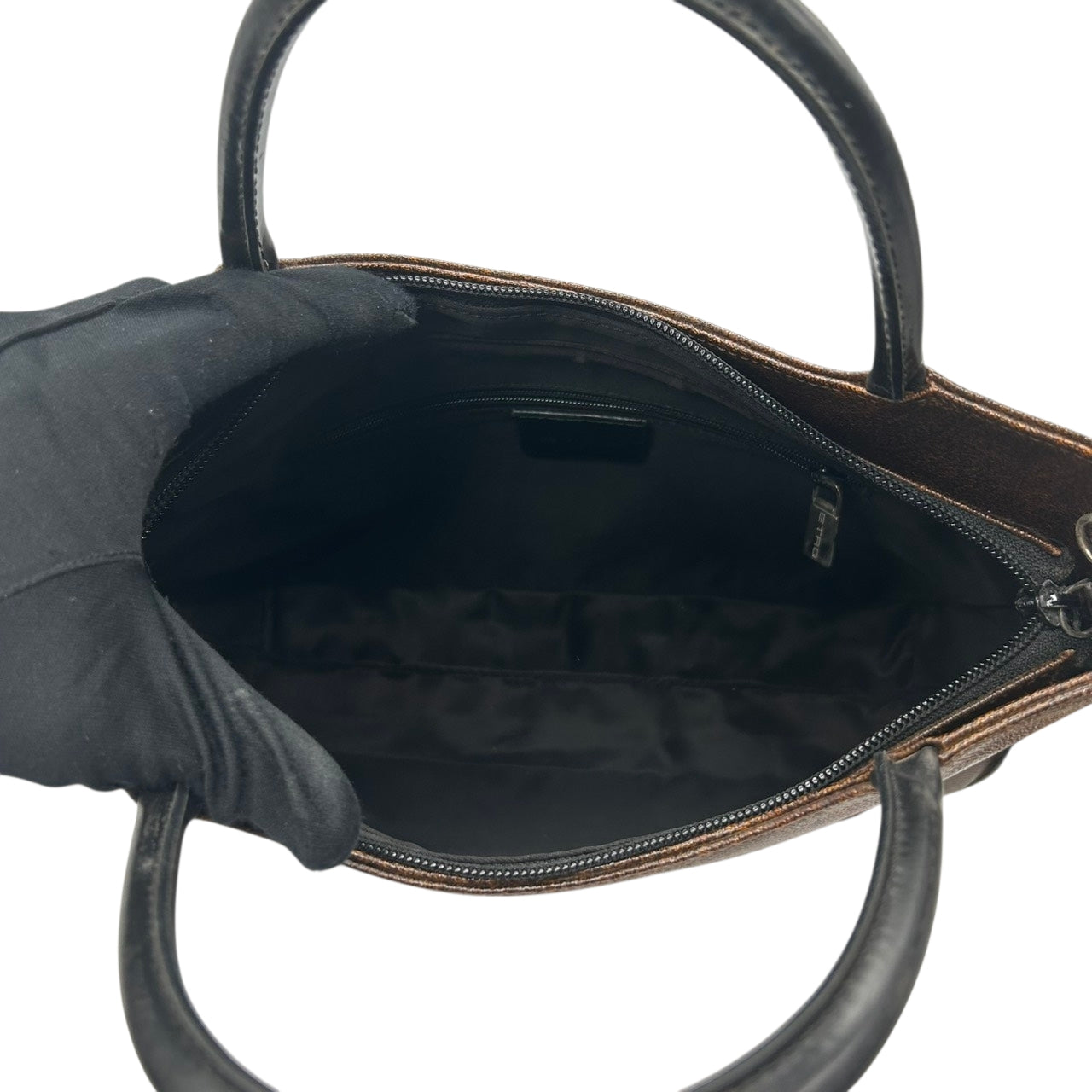 【美品】エトロ ETRO ハンドバッグ トートバッグ ミニトート ペイズリー 総柄 PVC レザー 本革 ブラウン 茶色 ブラック 黒 イタリア製 レディース 女性用 ビンテージ クラシック エレガント 上品 自立可 軽量 マチあり 手提げ 鞄 カバン s94