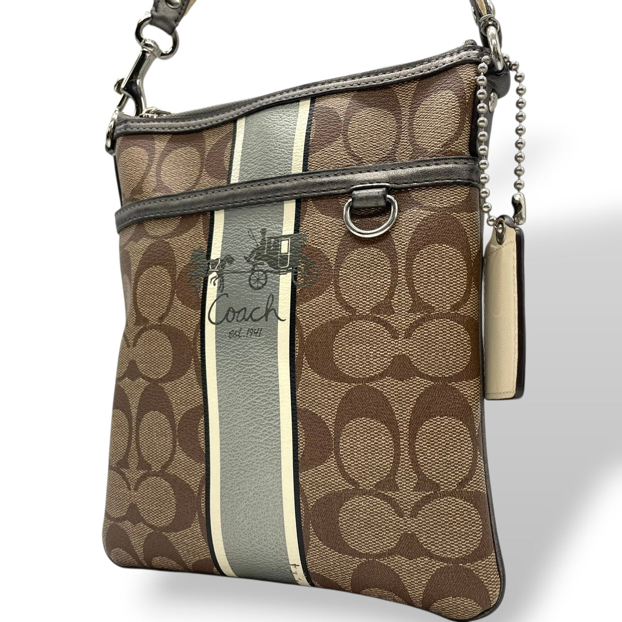 【良品】コーチ COACH ヘリテージ ストライプ シグネチャー ショルダーバッグ ポシェット 斜め掛け クロスボディ PVC レザー ブラウン グレー 馬車ロゴ 41664 G0873 レディース カジュアル お出かけ 鞄 カバン s97