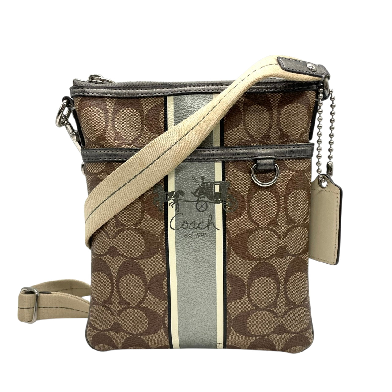 【良品】コーチ COACH ヘリテージ ストライプ シグネチャー ショルダーバッグ ポシェット 斜め掛け クロスボディ PVC レザー ブラウン グレー 馬車ロゴ 41664 G0873 レディース カジュアル お出かけ 鞄 カバン s97