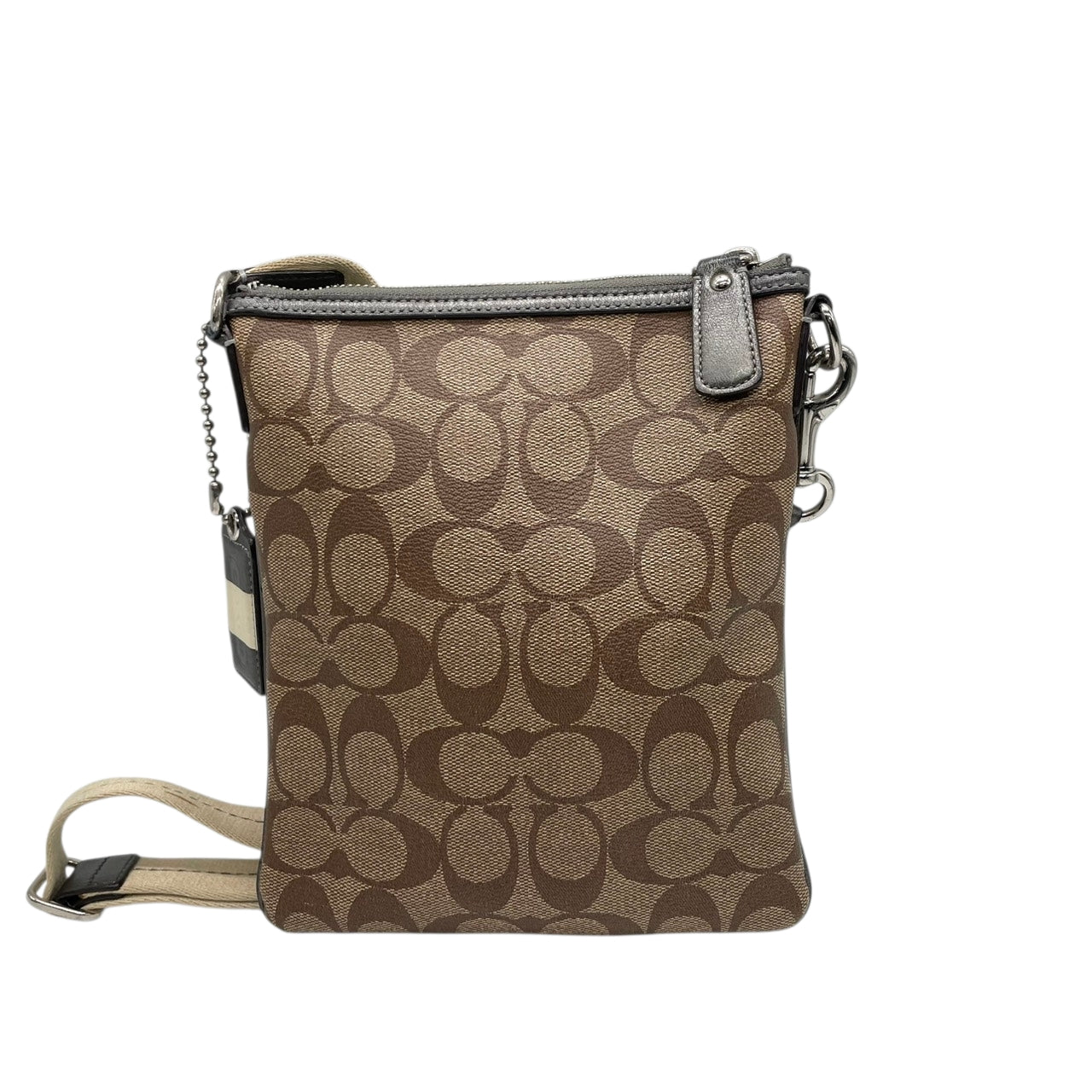 【良品】コーチ COACH ヘリテージ ストライプ シグネチャー ショルダーバッグ ポシェット 斜め掛け クロスボディ PVC レザー ブラウン グレー 馬車ロゴ 41664 G0873 レディース カジュアル お出かけ 鞄 カバン s97