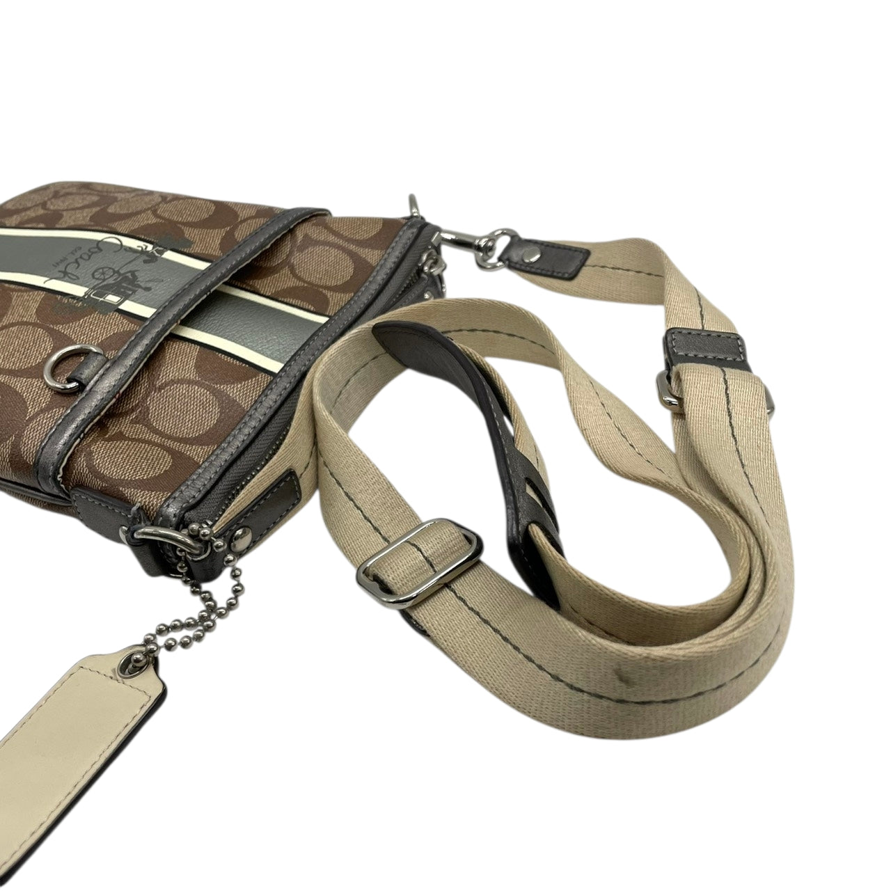 【良品】コーチ COACH ヘリテージ ストライプ シグネチャー ショルダーバッグ ポシェット 斜め掛け クロスボディ PVC レザー ブラウン グレー 馬車ロゴ 41664 G0873 レディース カジュアル お出かけ 鞄 カバン s97