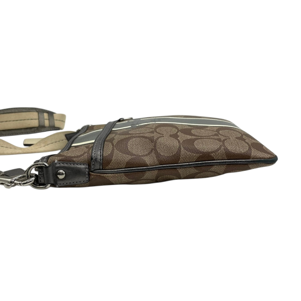 【良品】コーチ COACH ヘリテージ ストライプ シグネチャー ショルダーバッグ ポシェット 斜め掛け クロスボディ PVC レザー ブラウン グレー 馬車ロゴ 41664 G0873 レディース カジュアル お出かけ 鞄 カバン s97