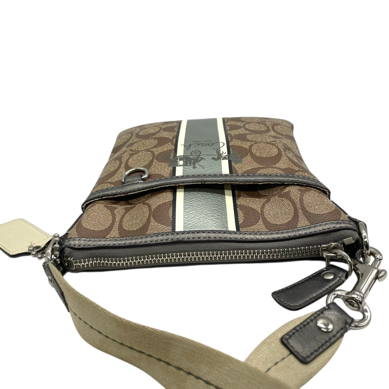 【良品】コーチ COACH ヘリテージ ストライプ シグネチャー ショルダーバッグ ポシェット 斜め掛け クロスボディ PVC レザー ブラウン グレー 馬車ロゴ 41664 G0873 レディース カジュアル お出かけ 鞄 カバン s97