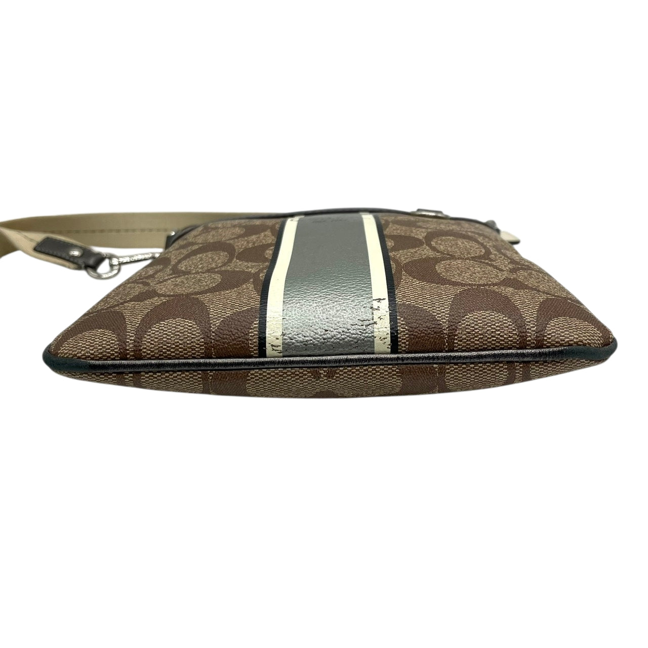 【良品】コーチ COACH ヘリテージ ストライプ シグネチャー ショルダーバッグ ポシェット 斜め掛け クロスボディ PVC レザー ブラウン グレー 馬車ロゴ 41664 G0873 レディース カジュアル お出かけ 鞄 カバン s97