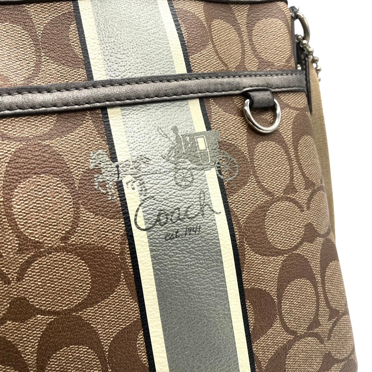 【良品】コーチ COACH ヘリテージ ストライプ シグネチャー ショルダーバッグ ポシェット 斜め掛け クロスボディ PVC レザー ブラウン グレー 馬車ロゴ 41664 G0873 レディース カジュアル お出かけ 鞄 カバン s97